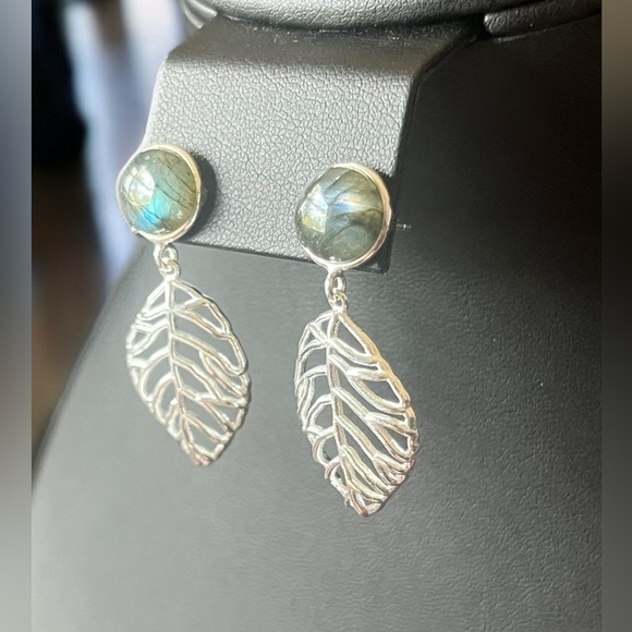 Labradorite Silver Leaf Earrings - Picture 2 of 4